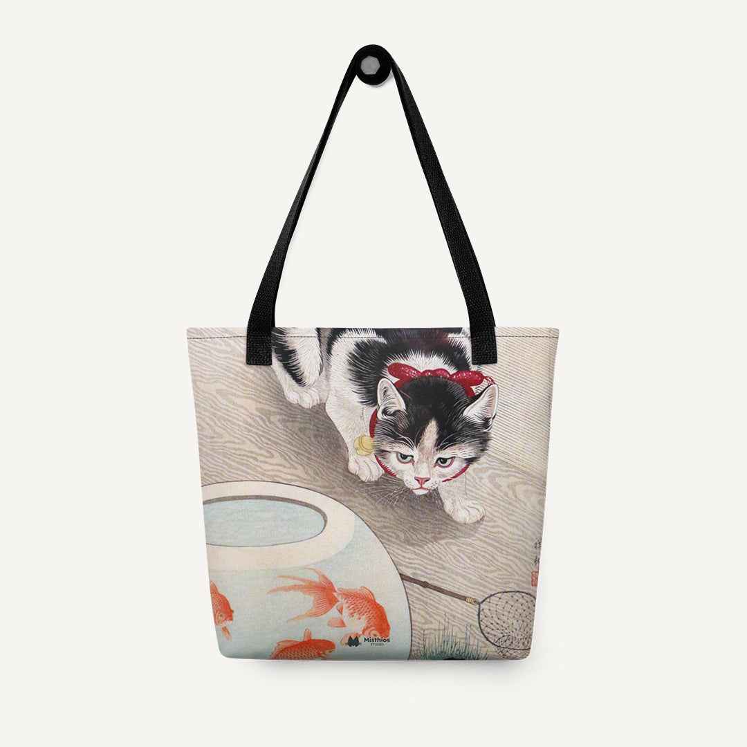 Cat in fish bowl tote bag - Misthios Studio